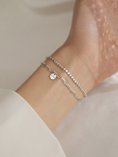 s925纯银双层lucky圆牌手链简约设计幸运手环冷淡风饰品