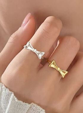 925镀银在逃公主银蝴蝶结戒指轻奢高级素圈开口戒小众设计女食指