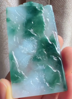 缅甸天然翡翠A货冰飘花山水牌，花色水墨画75.3-40.3-7.2，56.48g