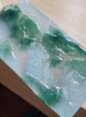 缅甸天然翡翠A货冰飘花山水牌，花色水墨画75.3-40.3-7.2，56.48g