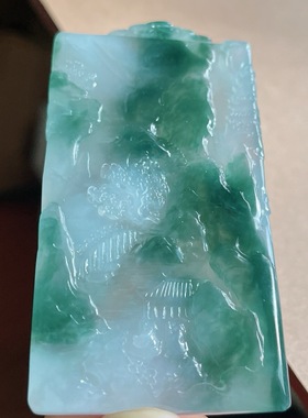 缅甸天然翡翠A货冰飘花山水牌，花色水墨画75.3-40.3-7.2，56.48g