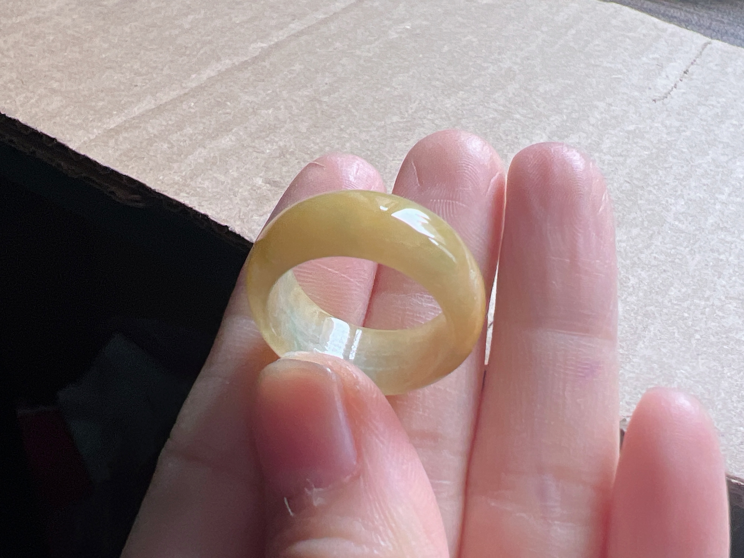 缅甸天然翡翠A货黄翡指环，17.7-9.0-3.4，16号，宽版轮胎版型