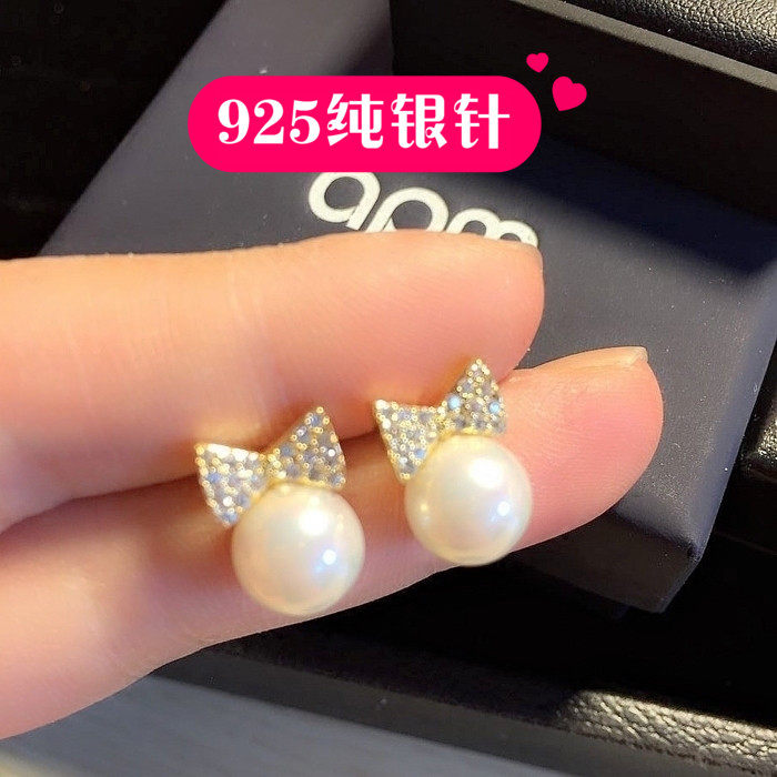 纯银针甜美风蝴蝶结防过敏耳钉
