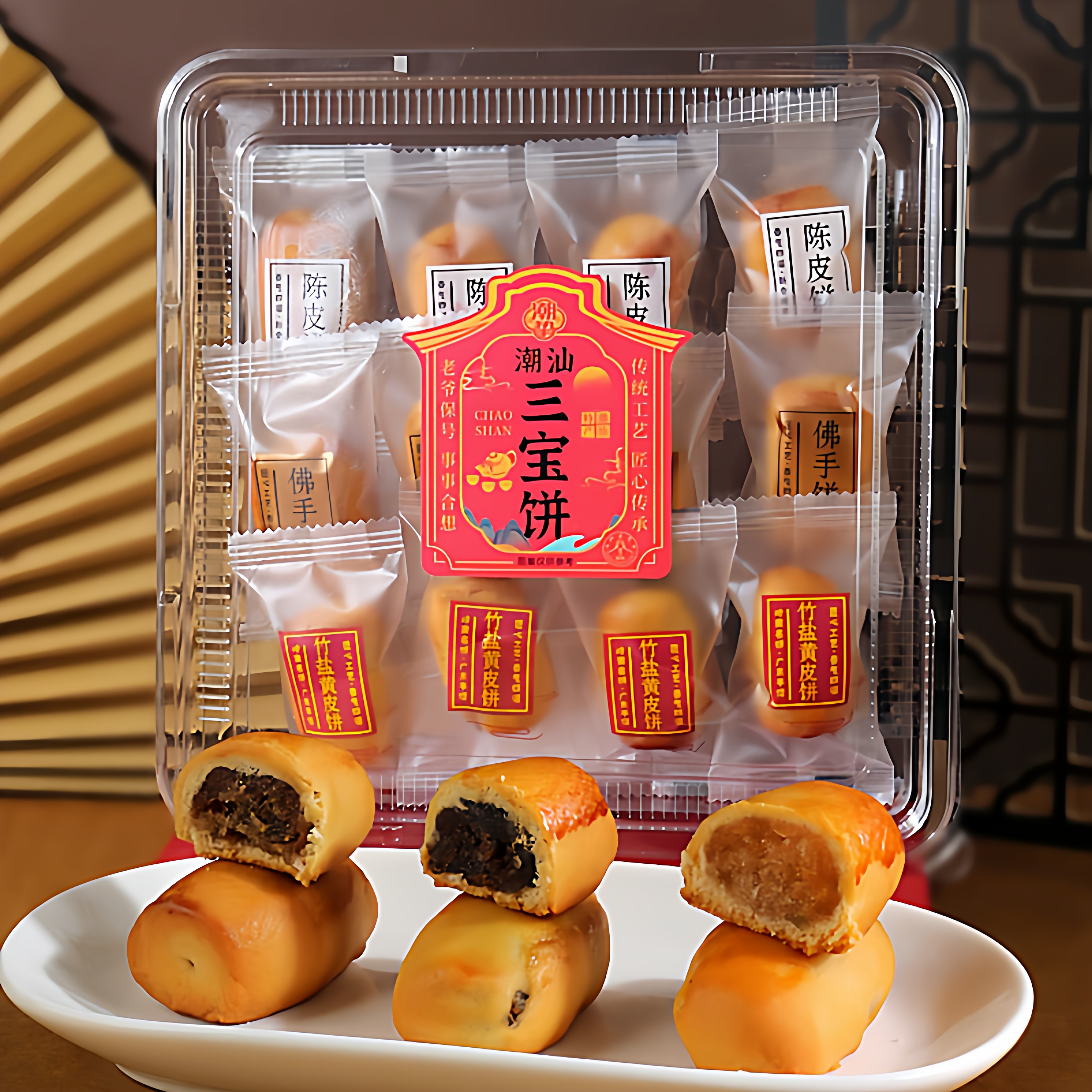 三宝饼陈皮饼竹盐黄皮佛手饼广东潮汕特产潮州小吃零食糕点伴手礼