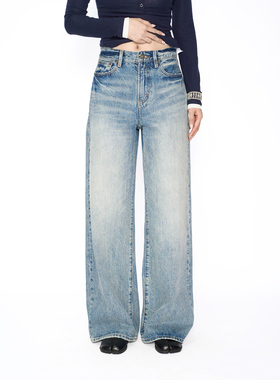 阔腿碎冰土耳其牛仔裤女2025秋全棉斜纹喷白猫须宽松直筒裤86901