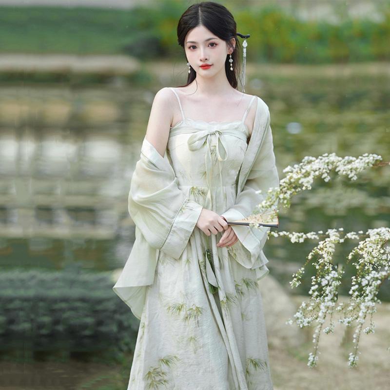 超仙复古汉服睡裙女夏季中国风长袖吊带睡衣甜美系带宫廷风家居服