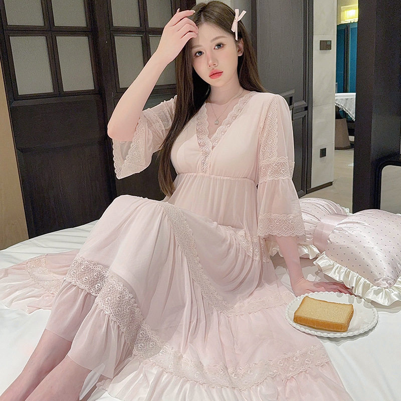 公主睡裙女夏季网纱蕾丝边蝴蝶结中长款睡衣性感收腰纯欲风家居服