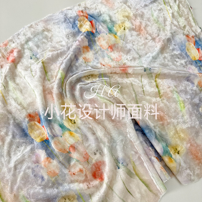 法式郁金香丝绒面料印花布