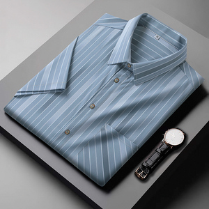 XL-8XL夏装新款大码男式条纹短袖衬衫弹力半袖衬衣3317P45图片