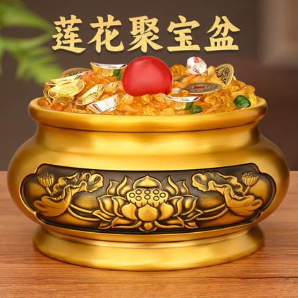 黄铜莲花聚宝盆摆件复古荷花香炉家居店铺办公室送礼聚宝缸装饰