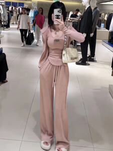 小个子时尚套装女休闲修身连帽开衫上衣+背心内搭+阔腿长裤三件套