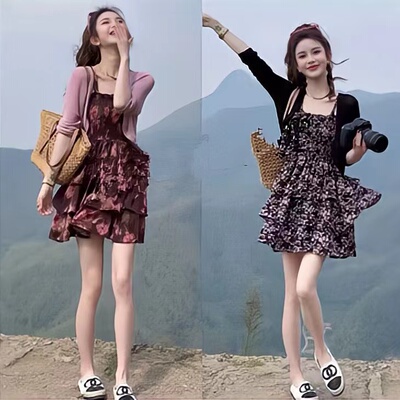 碎花连衣裙开衫两件套套装裙女