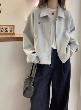 2025春秋新款爆高级感灰色卫衣外套大码女装胖mm无帽夹克开衫上衣