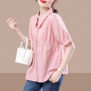 2024夏大码女装新款女士短袖衬衫雪纺遮肚子上衣小众洋气减龄气质
