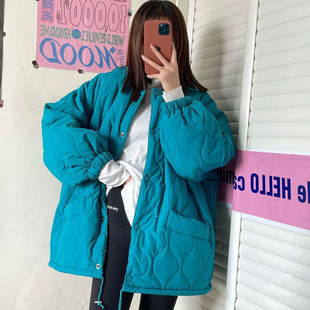菱格蓝色羽绒棉服外套女复古2025春新款韩版宽松BF学生棉衣ins潮