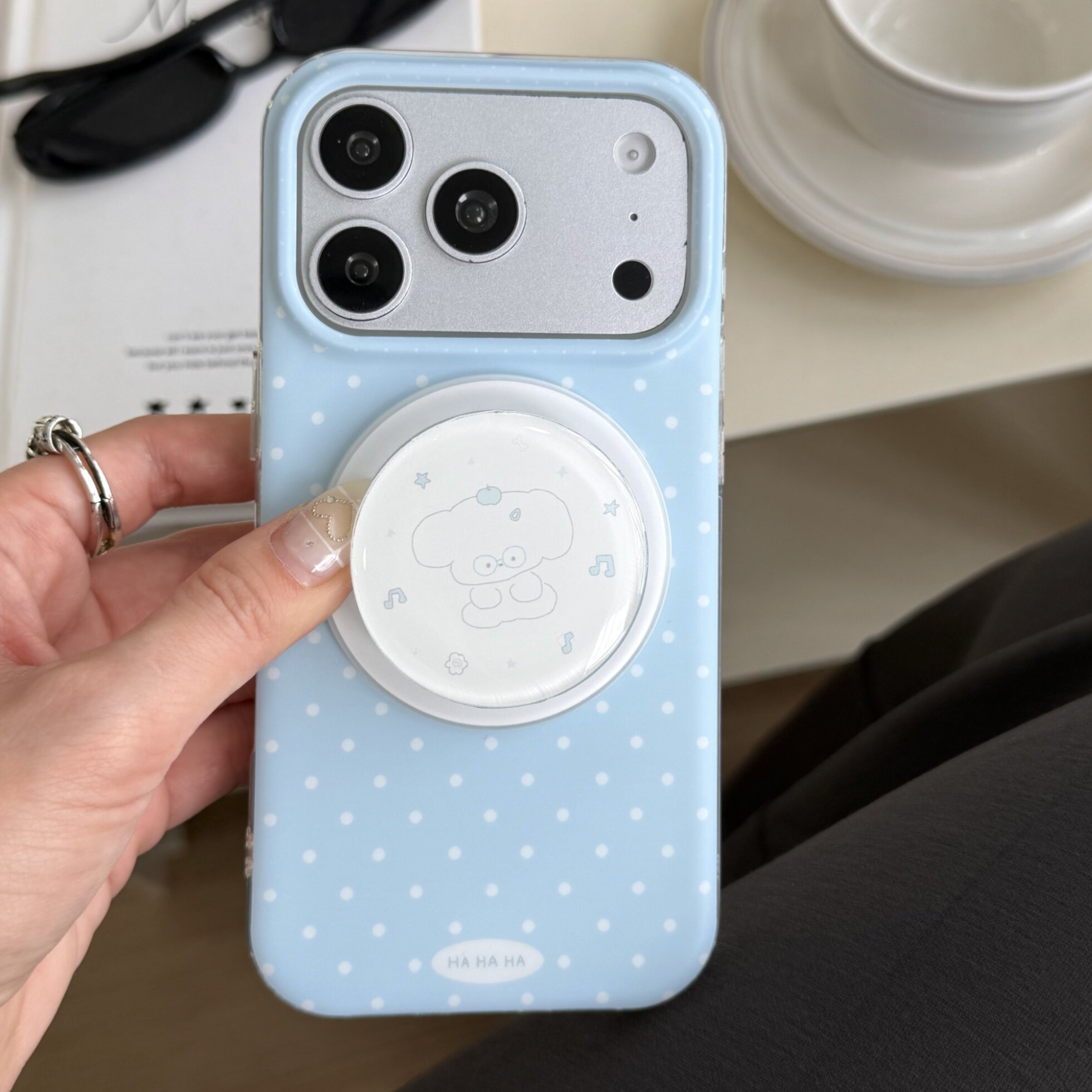 乐思茉 iPhone奶油蓝波点小狗音符磁吸支架双层imd百搭ins风小清新日韩风简约高级iPhone手机壳苹果17pm适用