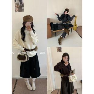 希宥HOUSE 冬上新法式复古蝙蝠袖针织保暖高领套头毛衣(配腰带)