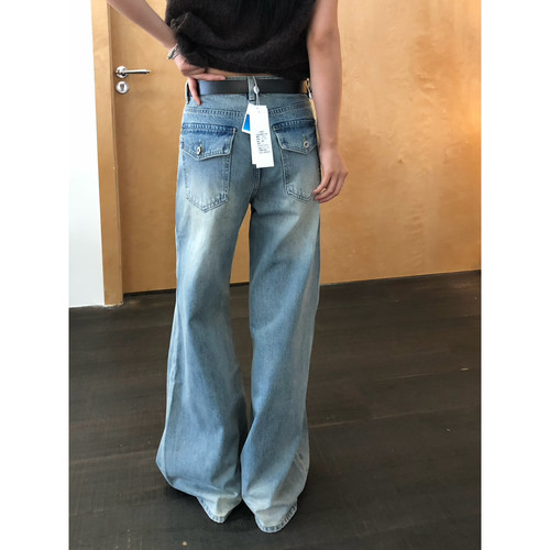希宥HOUSE 渐变蓝翻盖口袋宽松微喇牛仔拖地裤松弛百搭显瘦牛仔裤