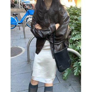 希宥HOUSE 复古翻领休闲皮衣夹克外套 韩国东大门款