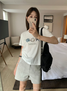 希宥HOUSE 海滩元素印花舒适清凉面料宽松短袖T恤(不含配饰)
