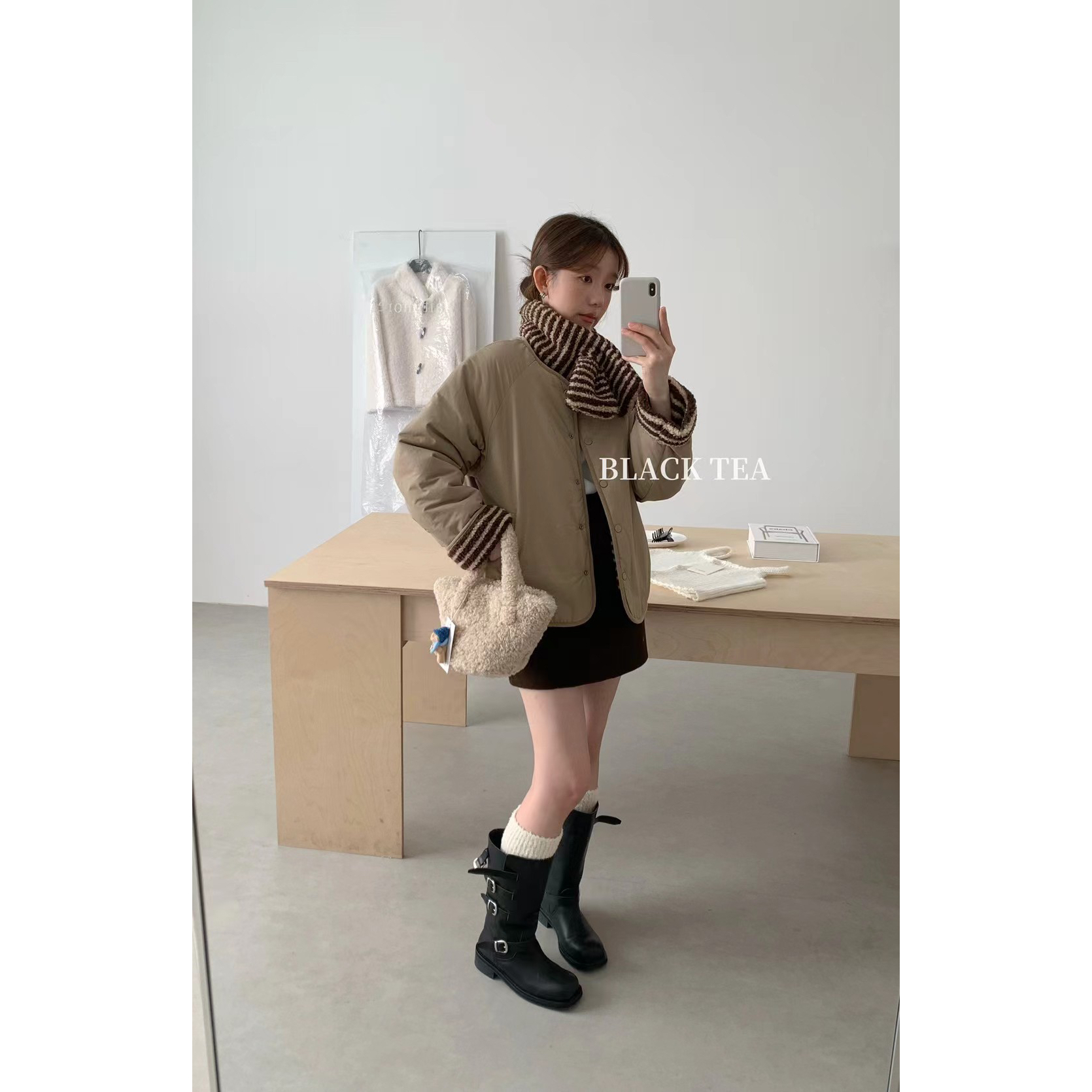 希宥HOUSE 冬上新自留款配围巾条纹双穿外套短外套(配围巾)