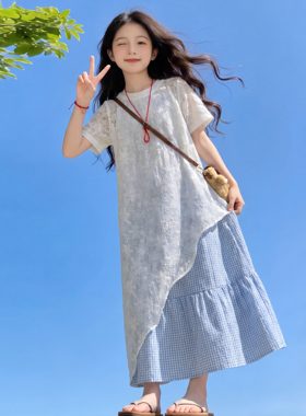 女童连衣裙套装夏季2026新款超火大童薄长裙森系蓝色格子裙两件套