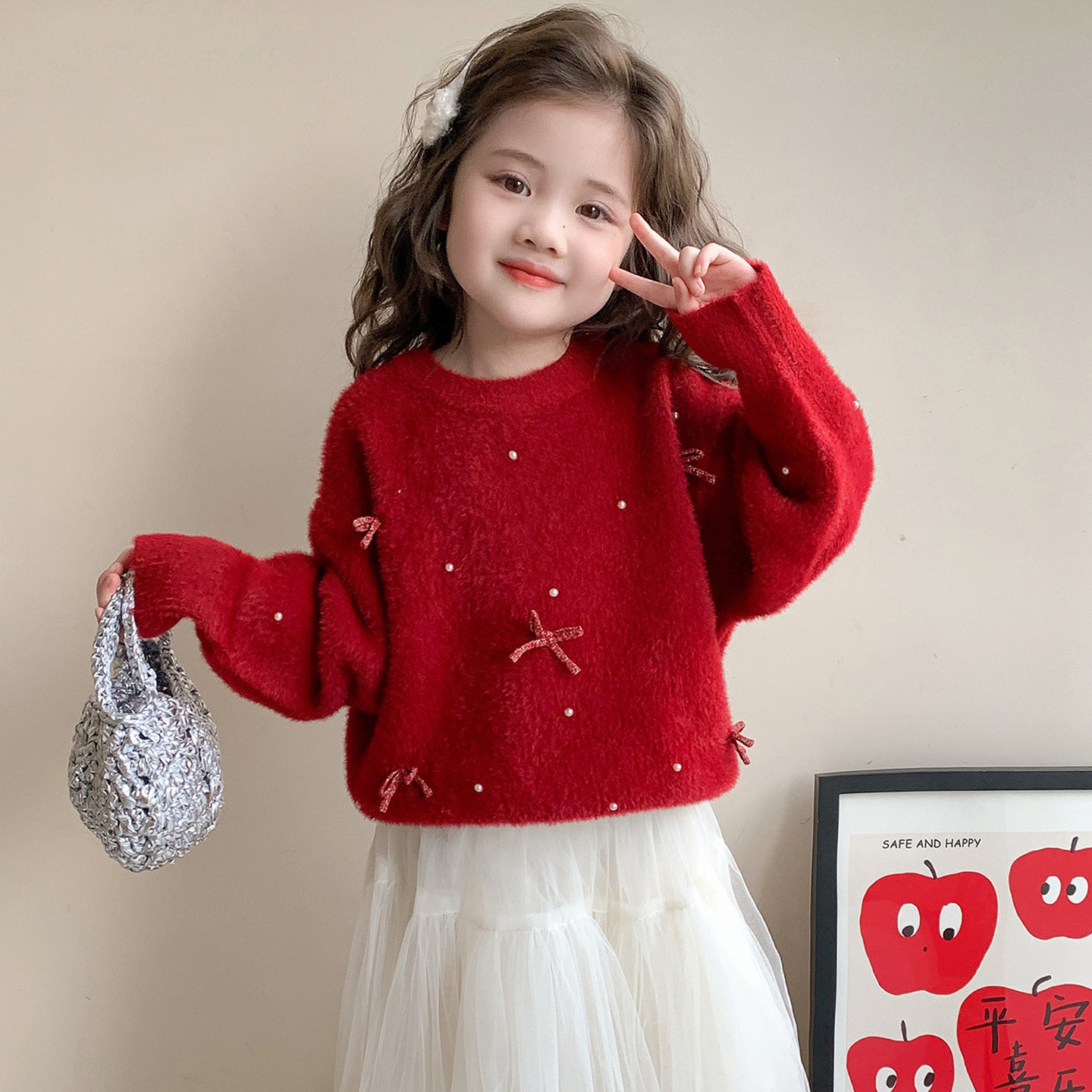 女童红色毛衣冬季2026新款宝宝新年衣服儿童冬装加绒厚针织打底衫