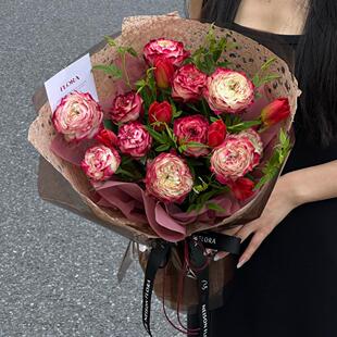 青栲子《苹果好甜》苹果杰克玫瑰红色郁金香花束北京成都鲜花同城