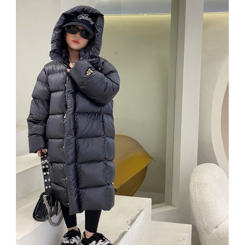 反季新款儿童长款黑色加厚羽绒服冬季过膝男女童中大童外套白鸭绒