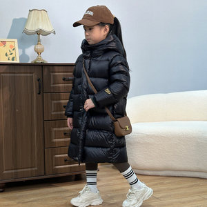 新款黑金儿童羽绒服冬加厚男童女童长款过膝中大童连帽外套白鸭绒