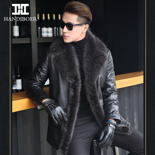 海宁男士 皮夹克 皮衣绵羊皮中长真皮皮毛一体羊羔毛貉子毛领潮男装