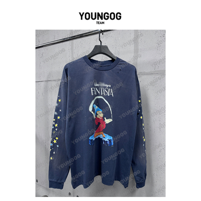 YOG美式做旧宽松长袖T恤魔法米奇
