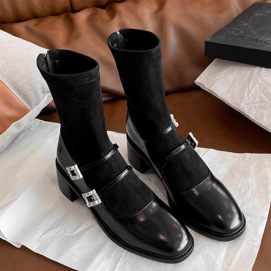 弹力瘦瘦靴女真皮粗跟短靴2025新款高跟法式水钻复古玛丽珍袜靴子,女鞋,弹力靴/袜靴,淘宝优惠券,粉丝福利购,淘宝优惠卷