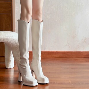 8CM白色长筒靴女2026冬小香风高跟靴瘦瘦弹力靴显腿细法式高筒靴