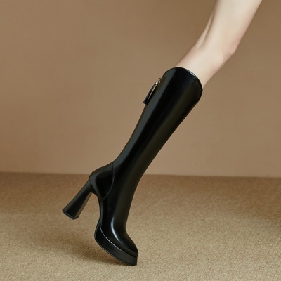 9cm真皮高跟长筒靴粗跟尖头防水台不过膝高筒靴皮面皮靴V口气质
