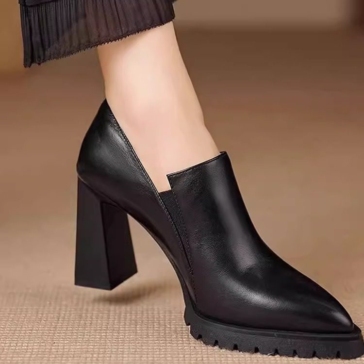 尖头深口高跟鞋女2025年春秋季新款防水台真皮粗跟单鞋软皮小皮鞋,女鞋,深口单鞋,淘宝优惠券,粉丝福利购,淘宝优惠卷
