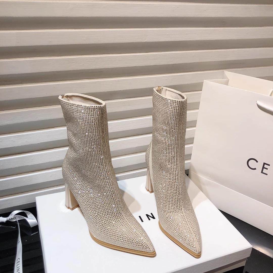 2025新款名媛奢华水钻高跟时装靴女靴短靴法式尖头加绒粗跟瘦瘦靴,女鞋,时装靴,淘宝优惠券,粉丝福利购,淘宝优惠卷