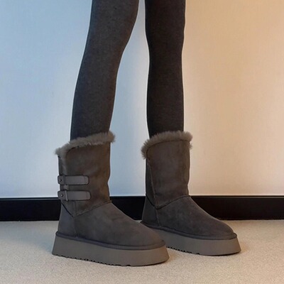 牛皮版~真皮厚底皮带扣皮毛一体雪地靴女加绒保暖毛毛鞋短靴棉靴