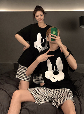 黑色米奇情侣睡衣夏季宽松薄款短袖长裤网红风男女家居服两件套装