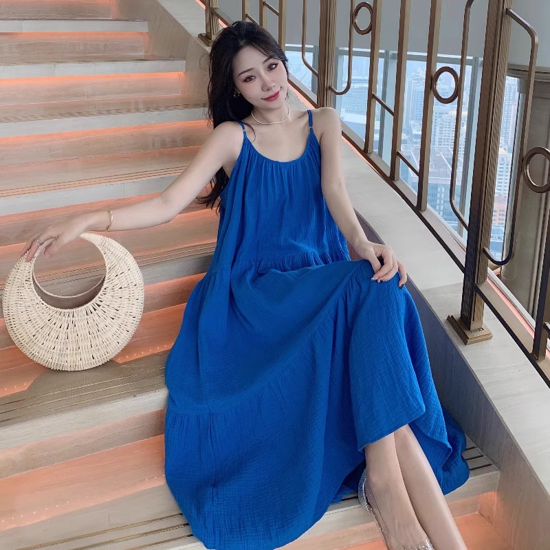 法式超仙蓝色三亚吊带连衣裙夏海边度假宽松显瘦长裙旅游沙滩裙子