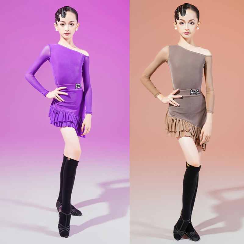 FZS拉丁舞服秋季儿童新款女斜肩云感真丝绒练功服双色可选舞蹈服