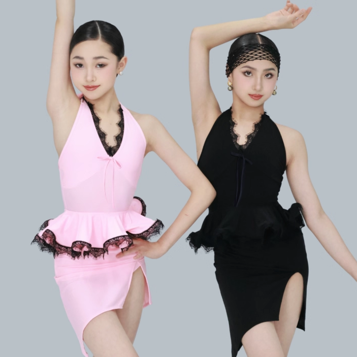 R design少儿拉丁舞服魅影剪裁练功服小香风上衣蕾丝包臀分体套装