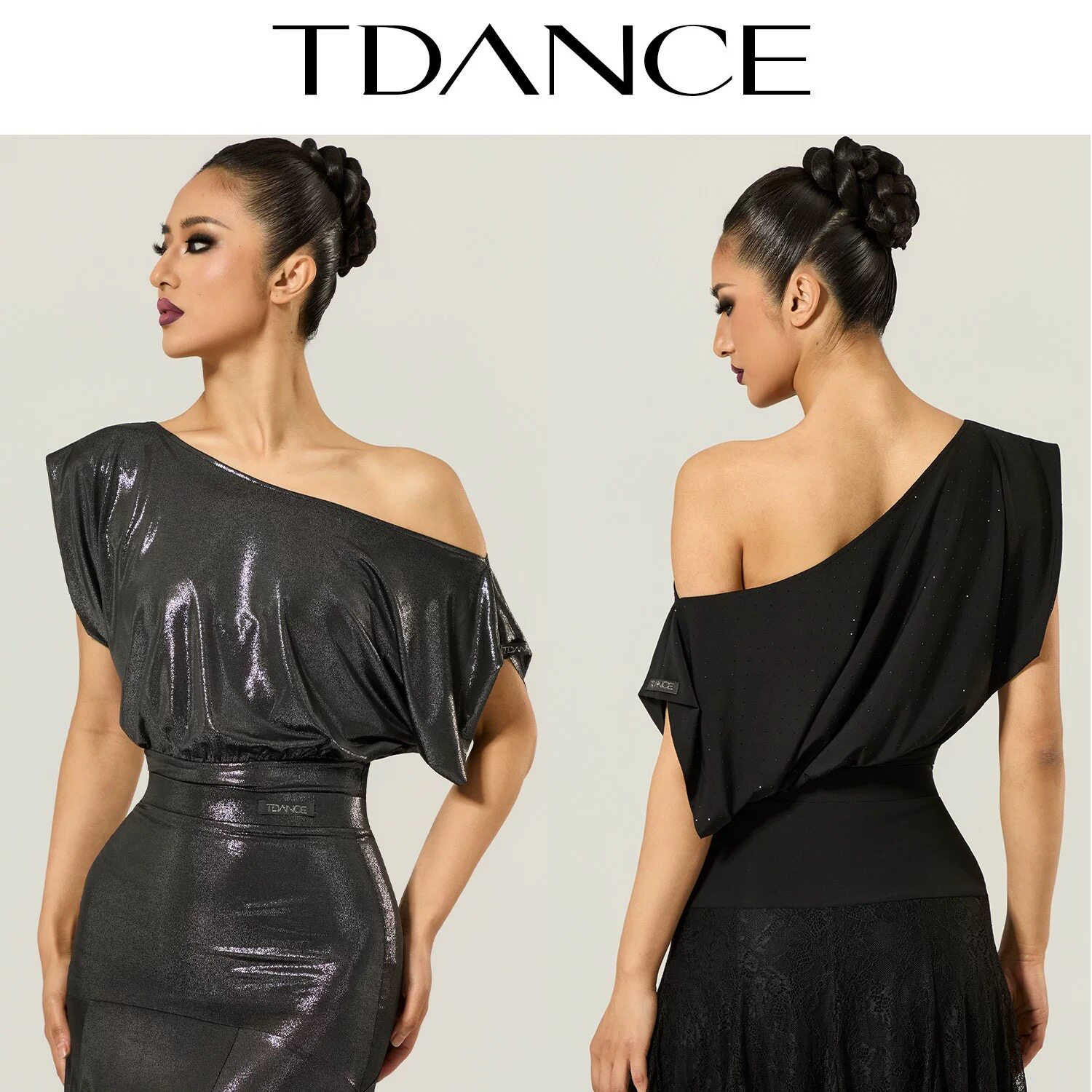 TDANCE女摩登斜肩短袖套装练功服