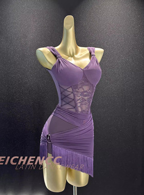 美辰拉丁舞服新款紫色吊带连体衣网纱流苏包臀裙套装专业练功服女