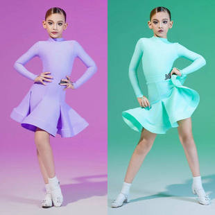 MR DANCE新款拉丁舞服儿童女高领长袖哑光赛服薄荷绿淡紫色练功服