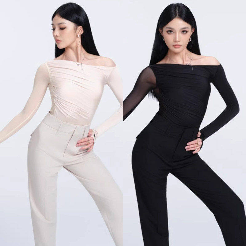 WAVE未午拉丁舞服新款秋冬光与褶上衣高腰裤分体套装专用舞蹈服女
