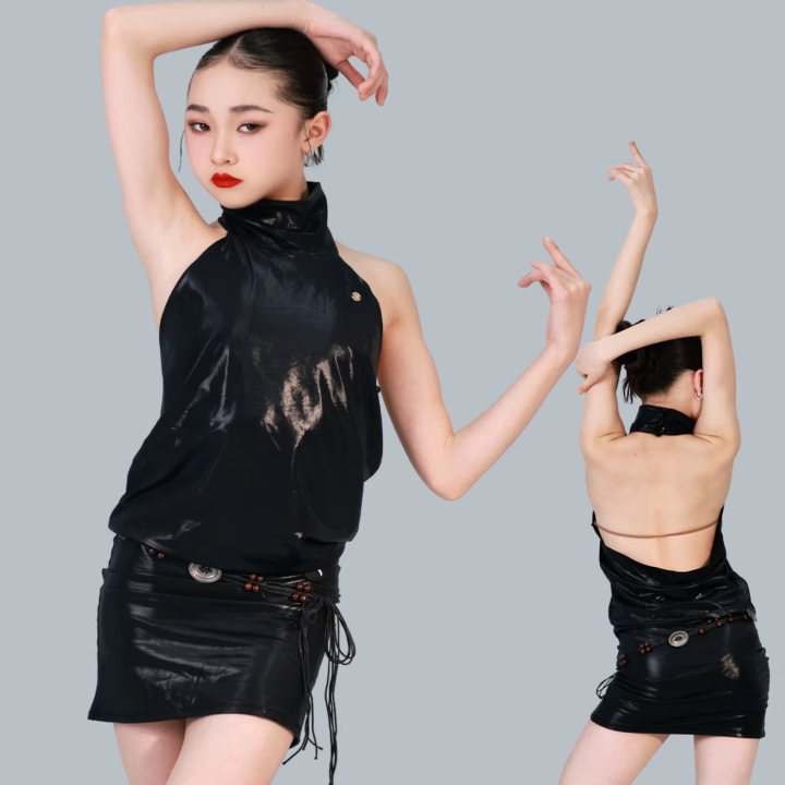 R design少儿拉丁舞服2025新款挂脖露背练功服黑色亮片表演服套装