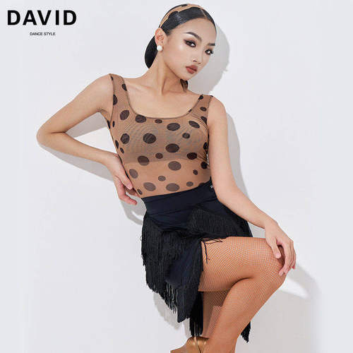 DAVID 2024款女士拉丁舞服波点方领连体上衣不规则流苏半裙套装
