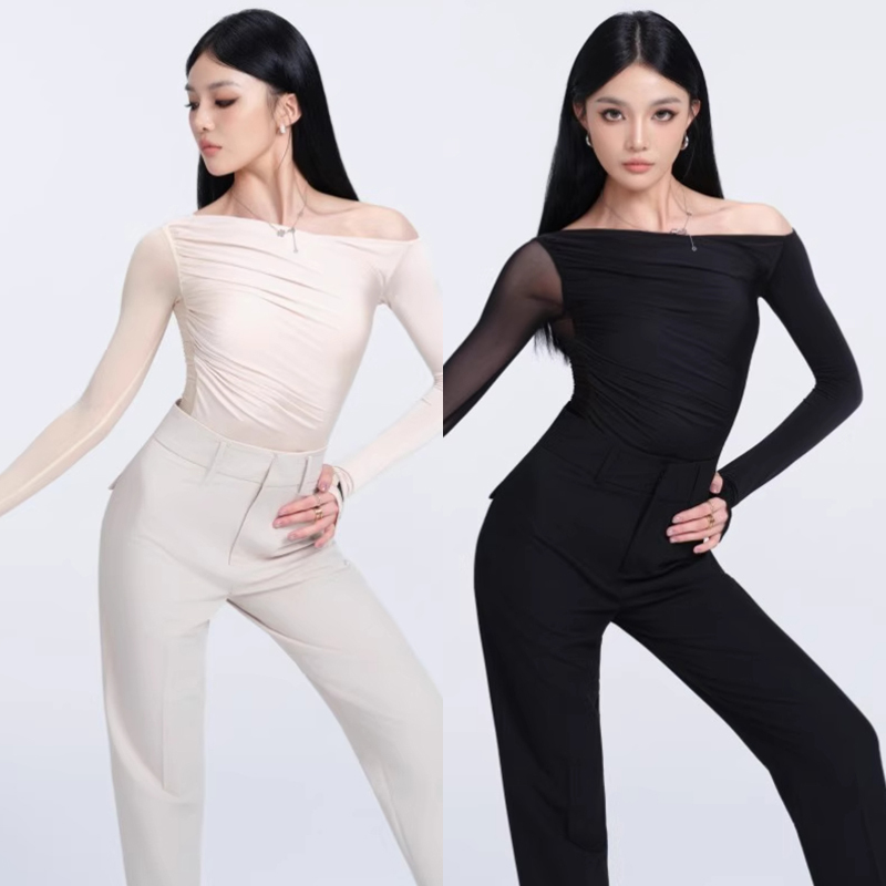 WAVE未午拉丁舞服新款秋冬光与褶上衣高腰裤分体套装专用舞蹈服女