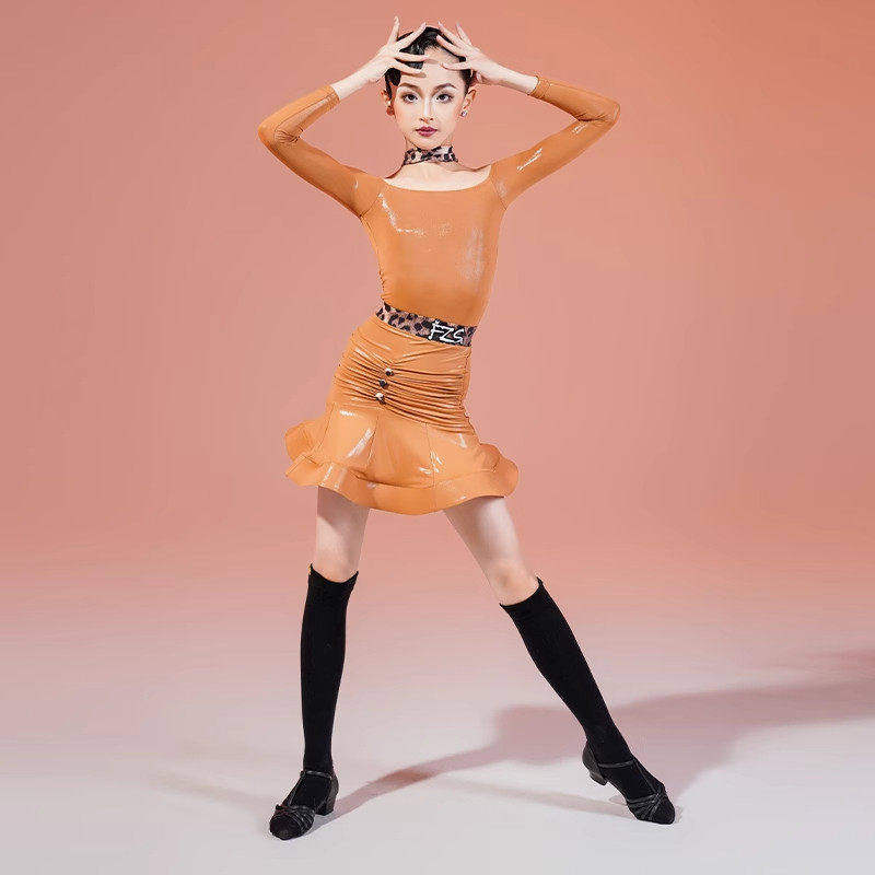 FZS拉丁舞服儿童秋季新款女长袖爽肤皮拼接豹纹练功服百搭舞蹈服